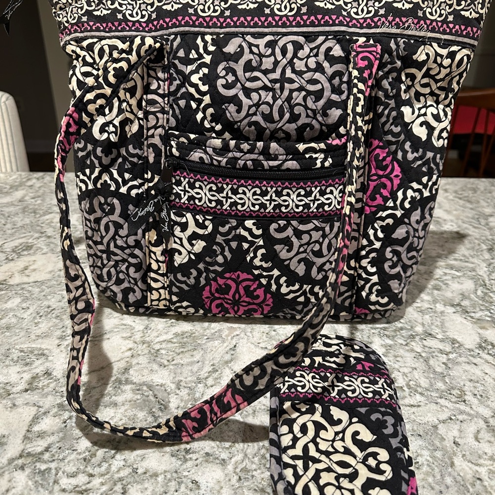 Vera Bradley Stylish Black and Pink Patterned Bag with Sunglass case